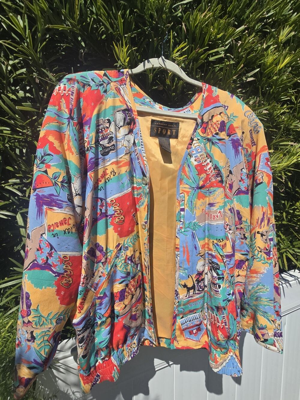 Retro August Silk Sport Jamaican beach print silk bomber jacket oversized XS